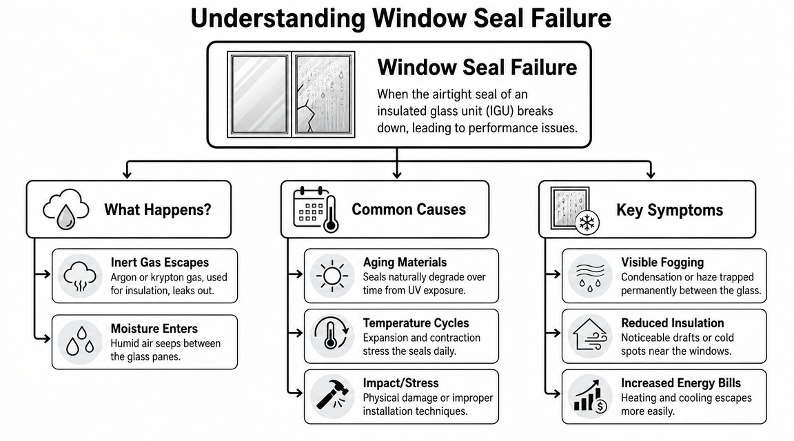A flowchart explaining the causes, processes, and symptoms of window seal failure in insulated glass units.