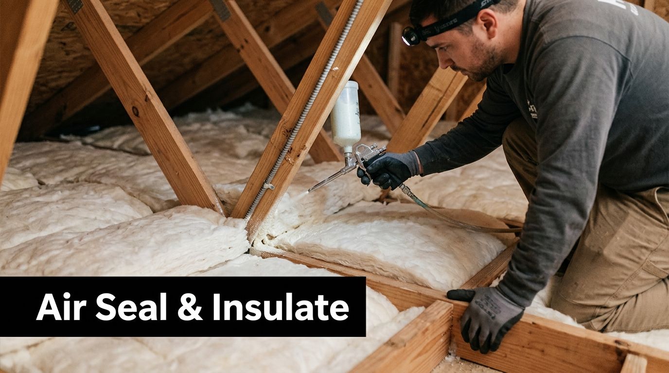 A professional technician wearing a headlamp applies foam insulation to seal air gaps in a residential attic.