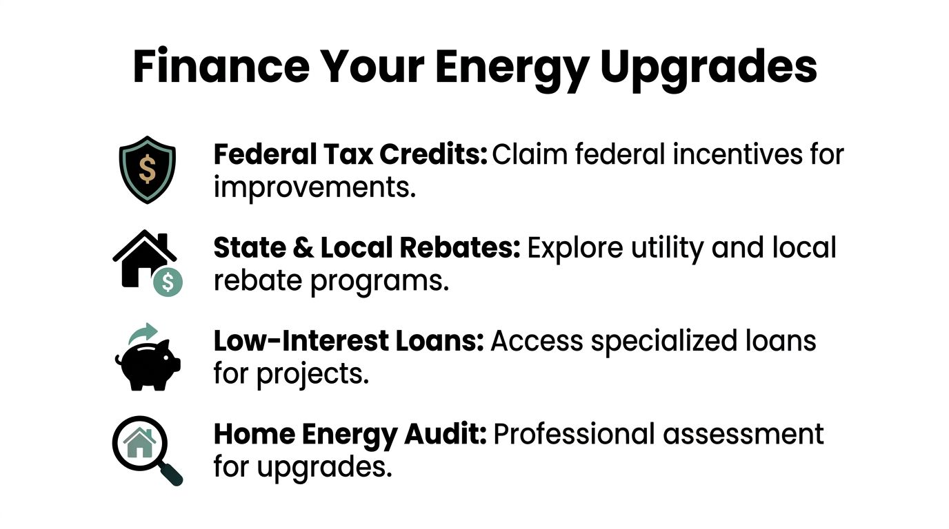 A list graphic titled Finance Your Energy Upgrades, outlining tax credits, rebates, loans, and energy audits.