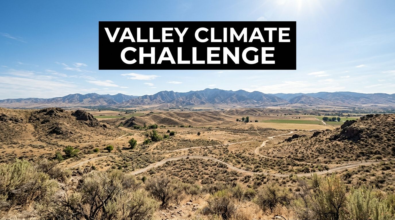 A wide scenic landscape of a dry valley with mountains in the background under a blue sky.
