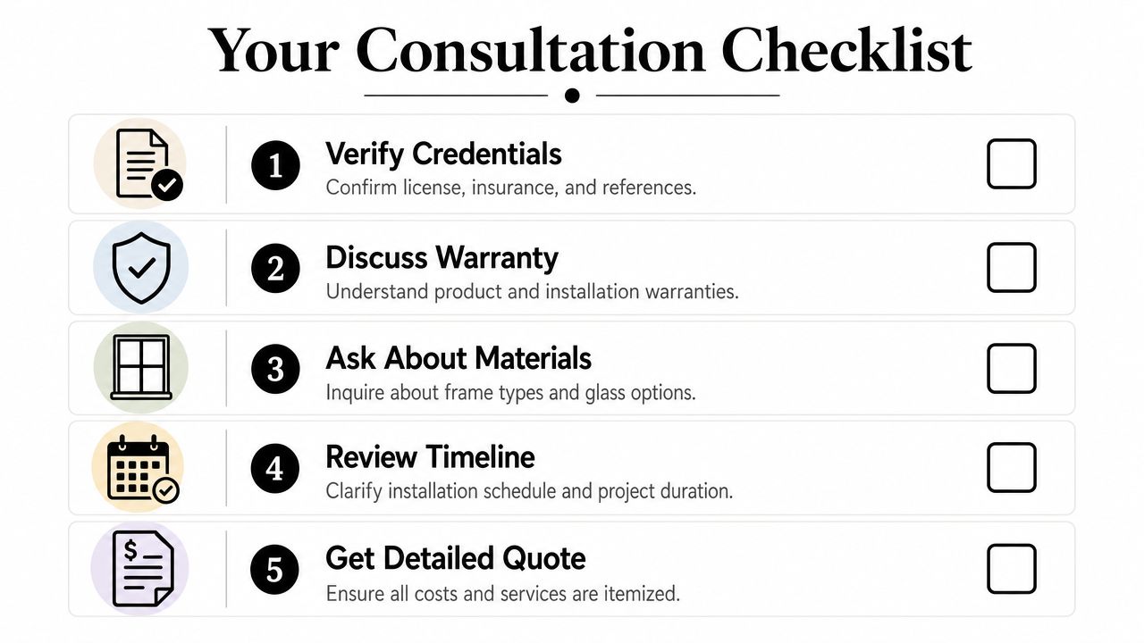 A checklist for homeowners to use during a window replacement or installation consultation with professionals.