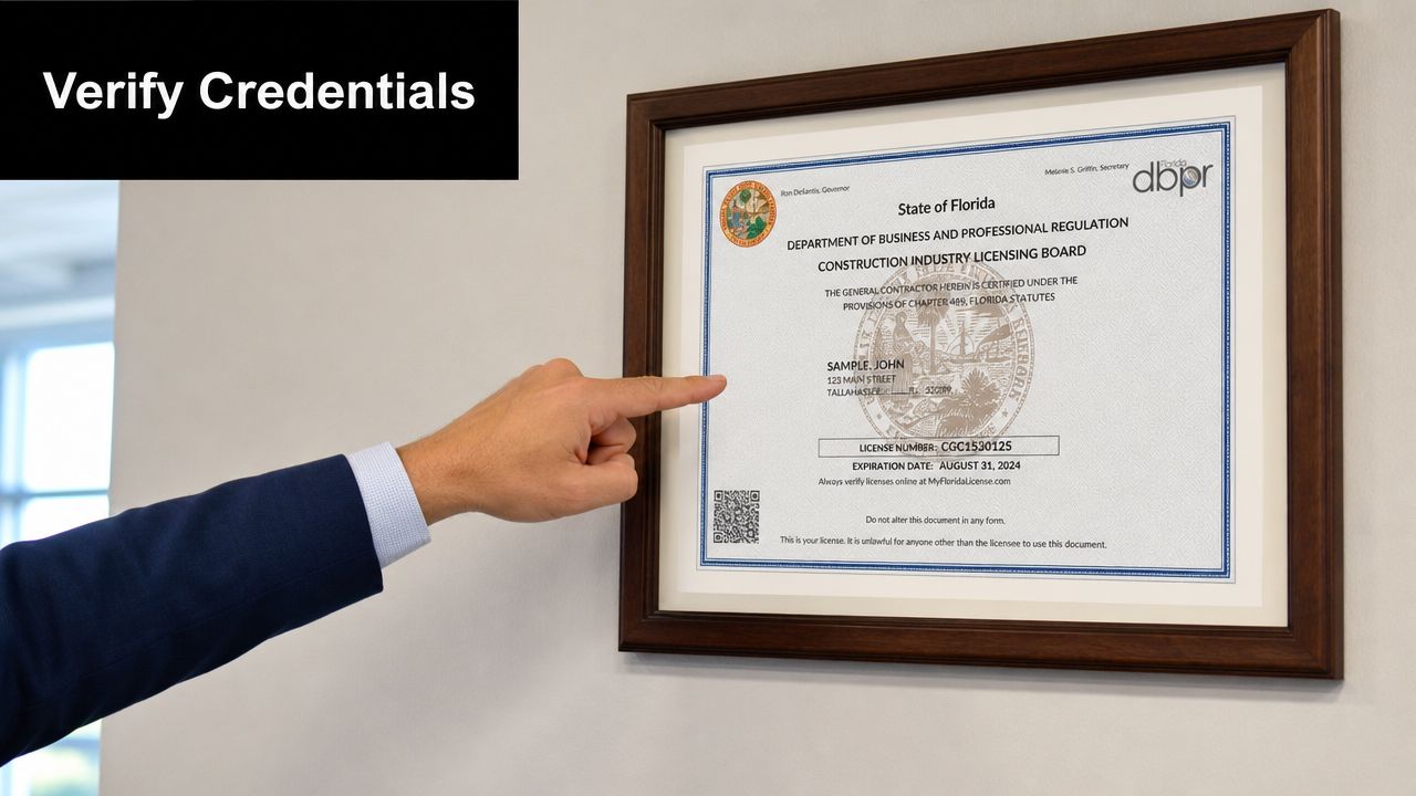 A professional in a suit pointing to a framed State of Florida construction contractor business license.