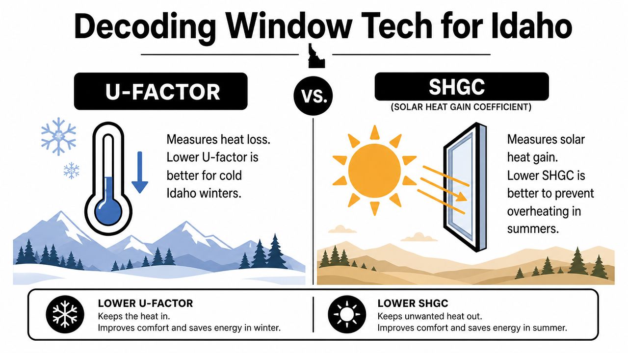 An infographic explaining U-factor and SHGC window ratings for energy efficiency in Idaho climate conditions.