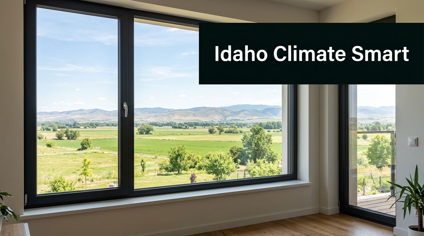 A modern window overlooking a scenic green landscape with mountains under a bright sunny blue sky.