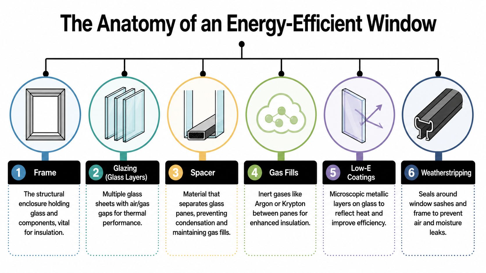 A diagram illustrating the six core components that contribute to the anatomy of an energy-efficient window.