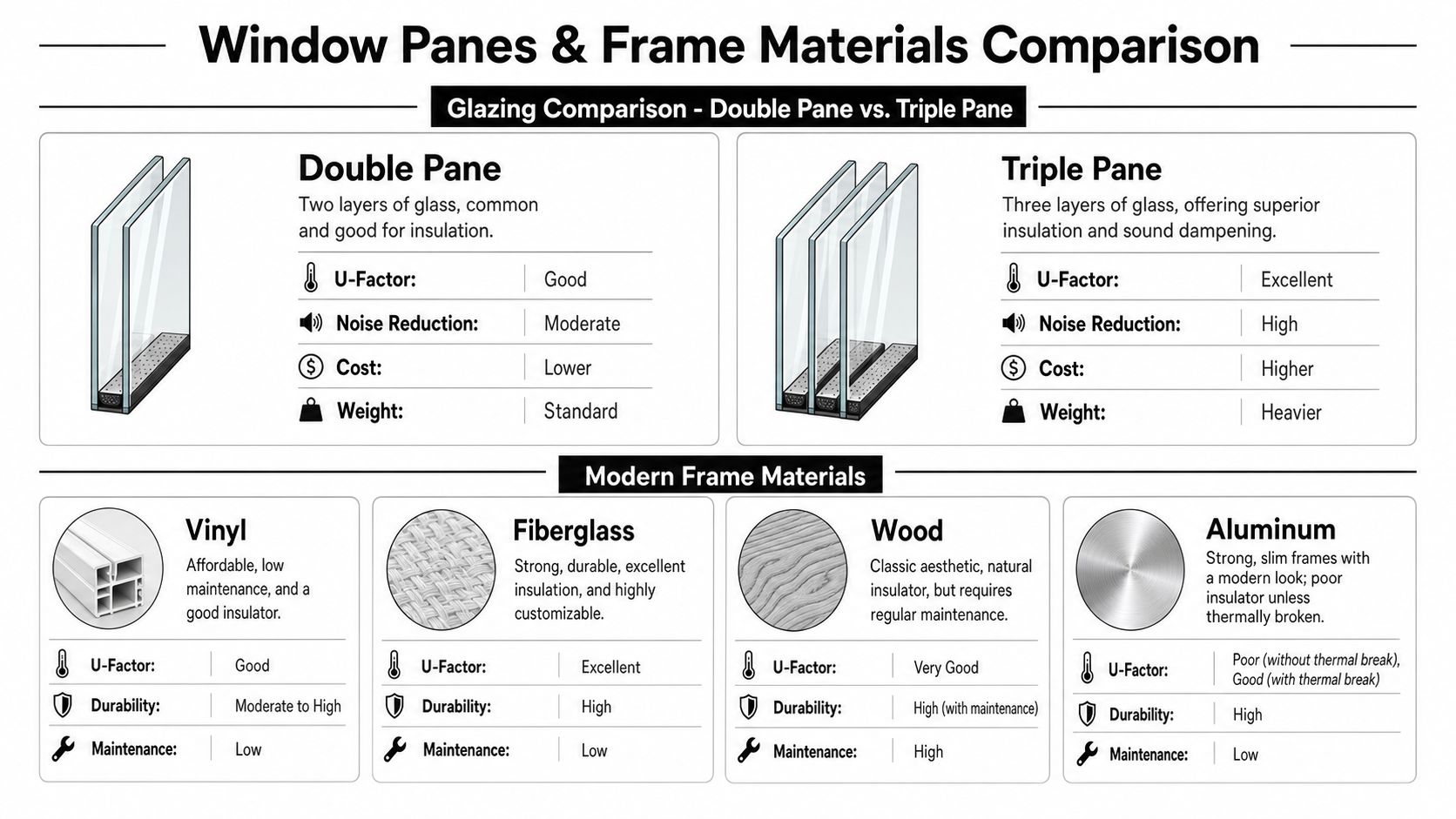 A comparison chart showing benefits of different window panes and frame materials for home energy efficiency.