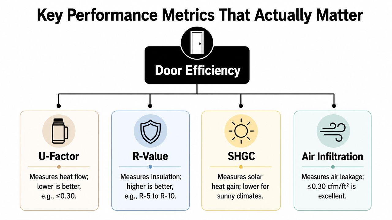 A diagram illustrating four key performance metrics for measuring the efficiency of exterior doors.