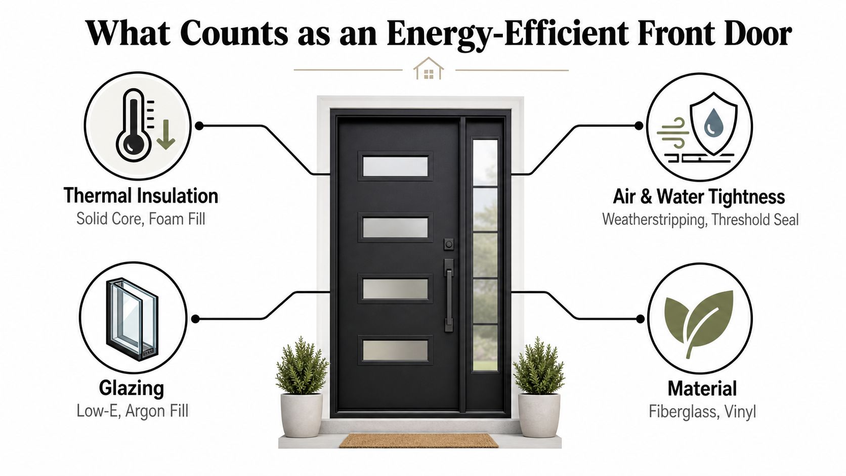 A diagram illustrating the four key components that define an energy-efficient front door for modern homes.