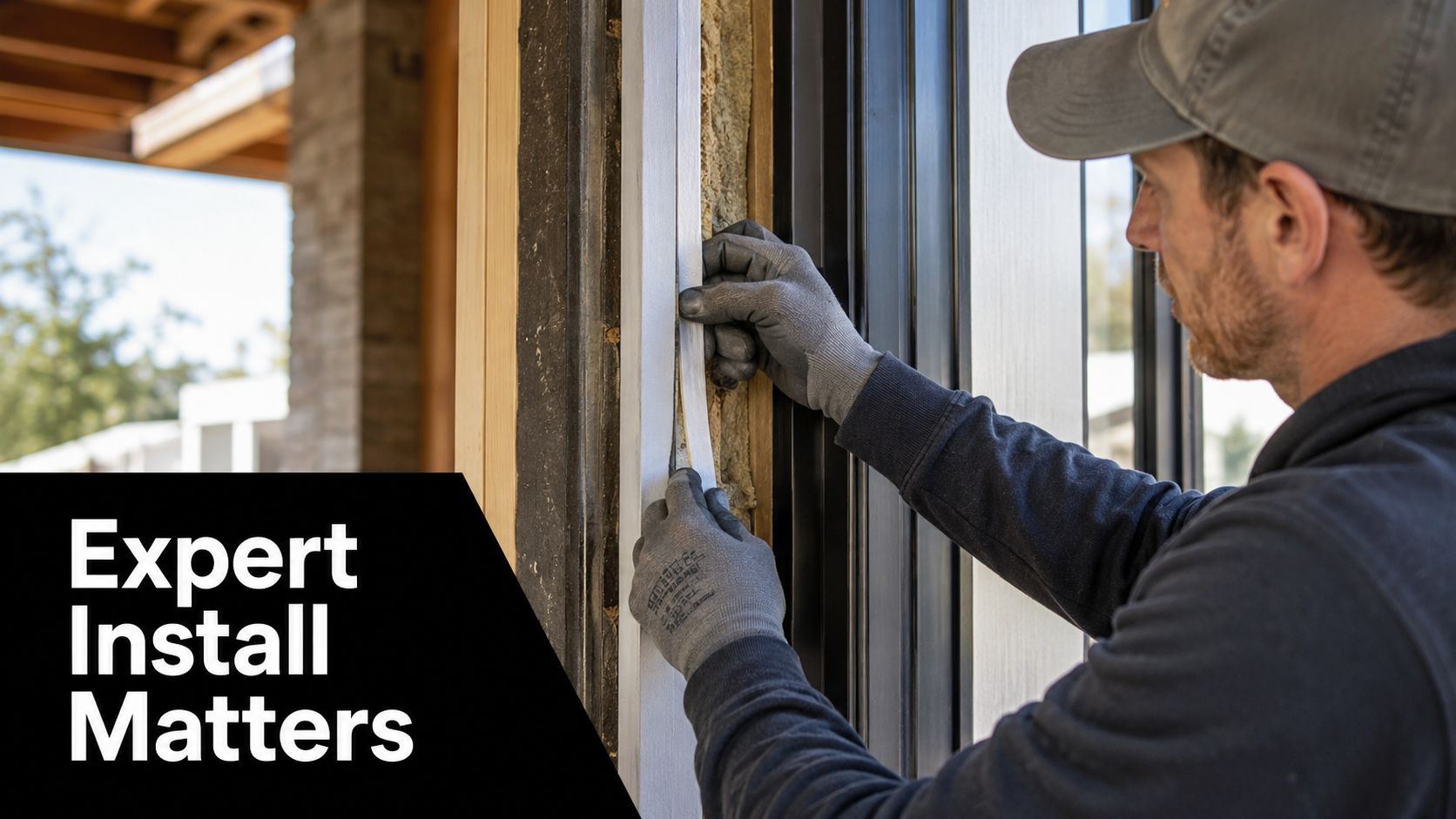 A professional installer wearing grey gloves carefully installs weather stripping onto an energy-efficient patio door frame.