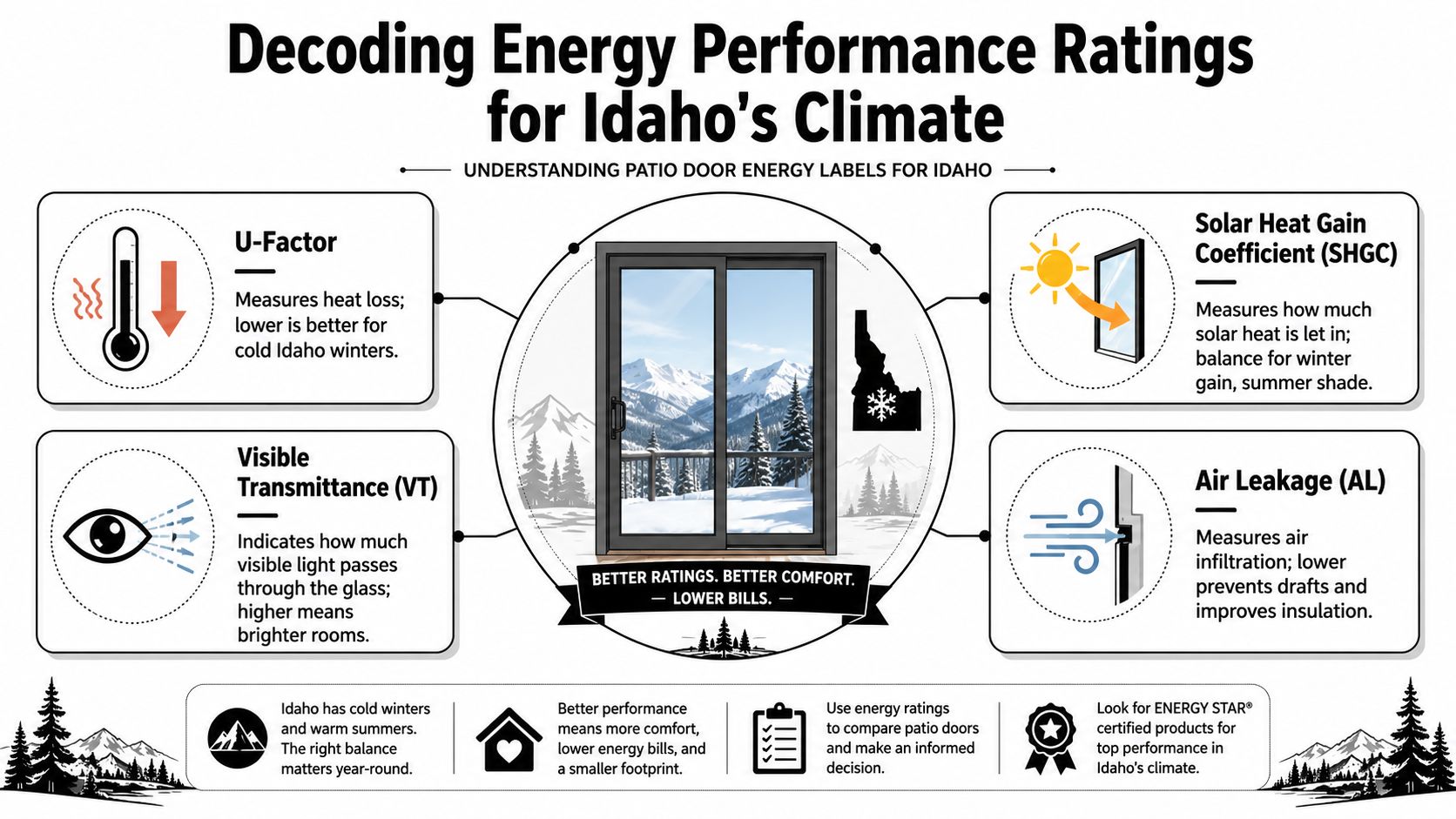 An infographic explaining energy performance ratings for patio doors, specifically tailored for Idaho's climate conditions.