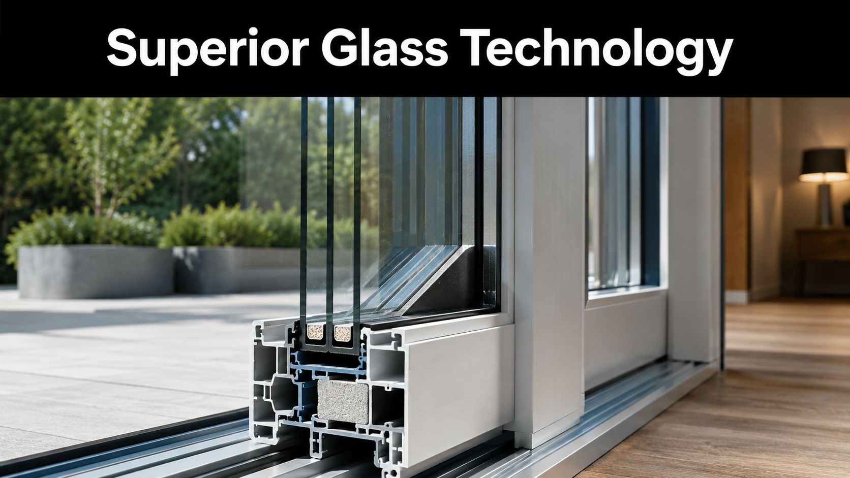 A cross-section view of triple-pane insulated glass technology for modern energy-efficient sliding patio doors.
