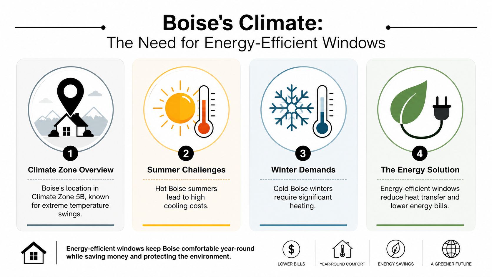 An infographic showing that energy-efficient windows are necessary for Boise's climate to manage extreme temperature swings.