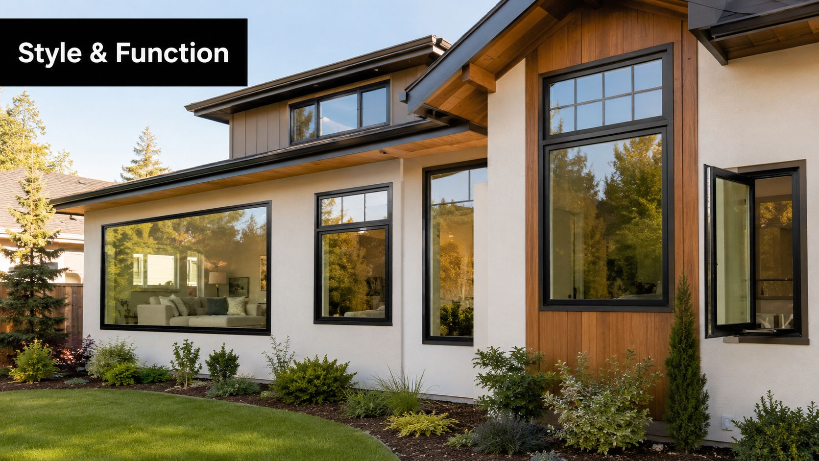 A modern home exterior with energy-efficient black framed windows and natural wood siding in a suburban setting.