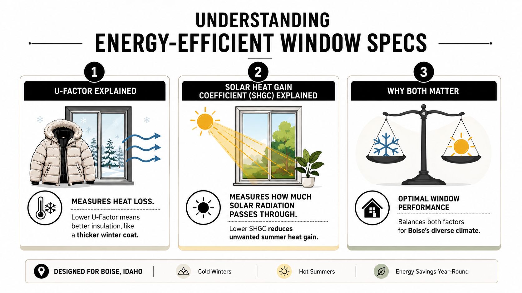 An infographic explaining energy-efficient window specifications like U-Factor and Solar Heat Gain Coefficient for Boise, Idaho homes.