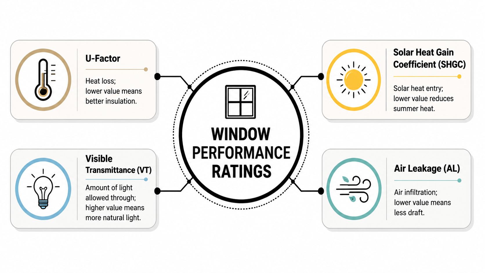 An infographic showing four key window performance ratings: U-Factor, Solar Heat Gain Coefficient, Visible Transmittance, and Air Leakage.