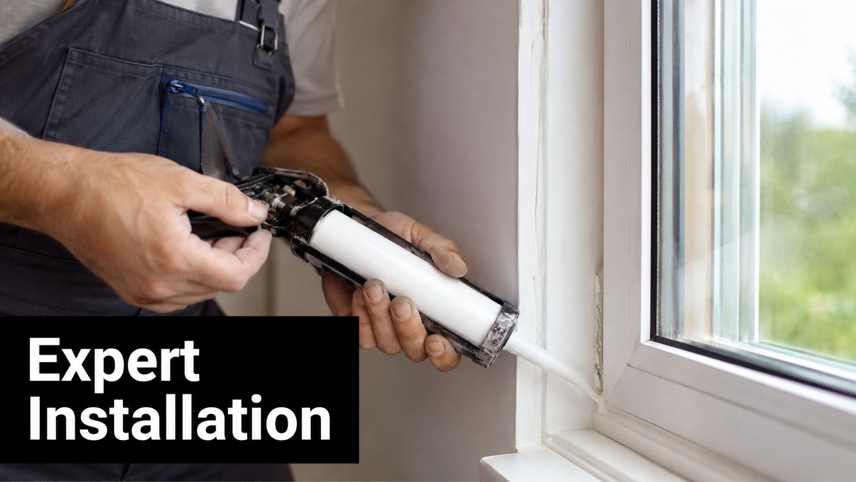 A professional construction worker carefully applying white caulk sealant to the frame of an energy-efficient window.