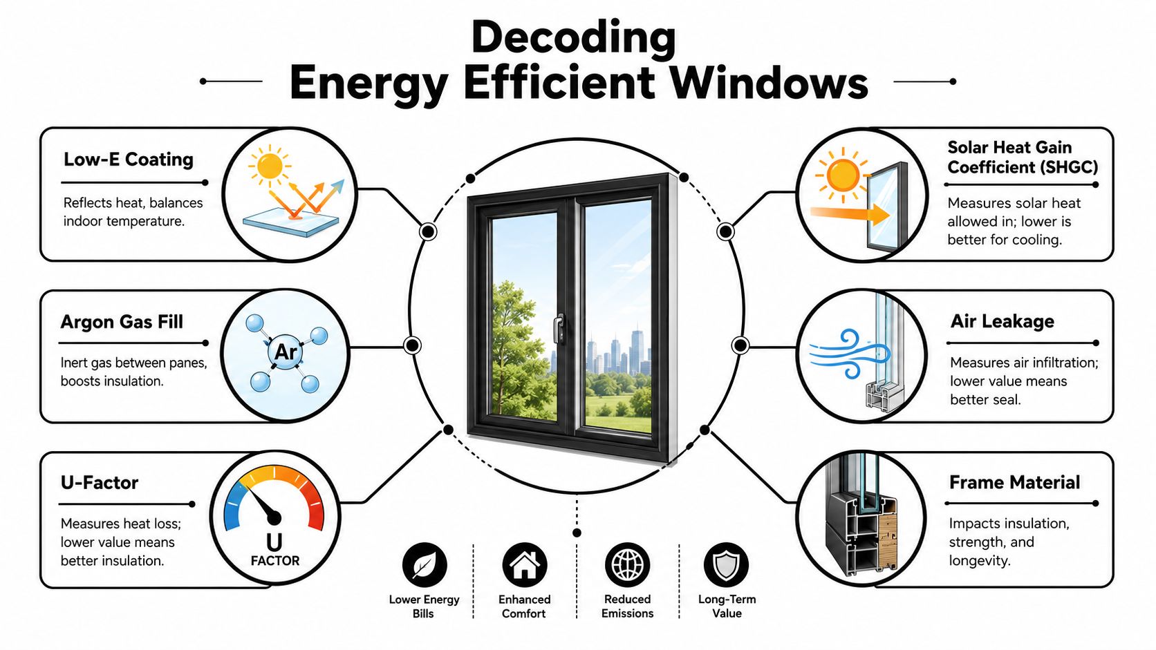 An infographic titled Decoding Energy Efficient Windows explaining key features like Low-E coating, Argon gas, and insulation factors.