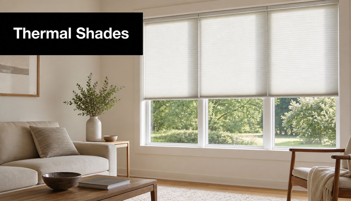 A brightly lit, modern living room featuring large windows covered with white honeycomb-style thermal shades.