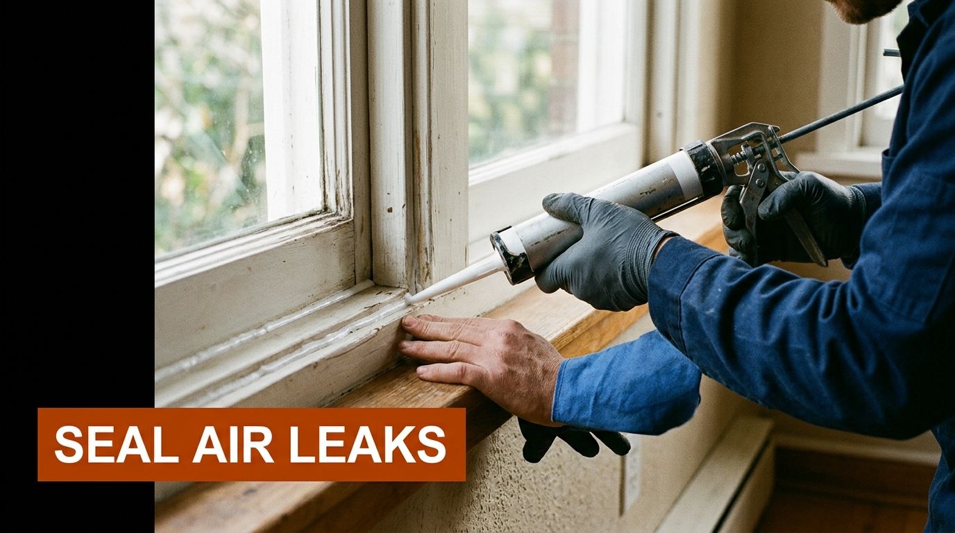 A professional construction worker uses a caulking gun to seal air leaks around a wooden window frame.