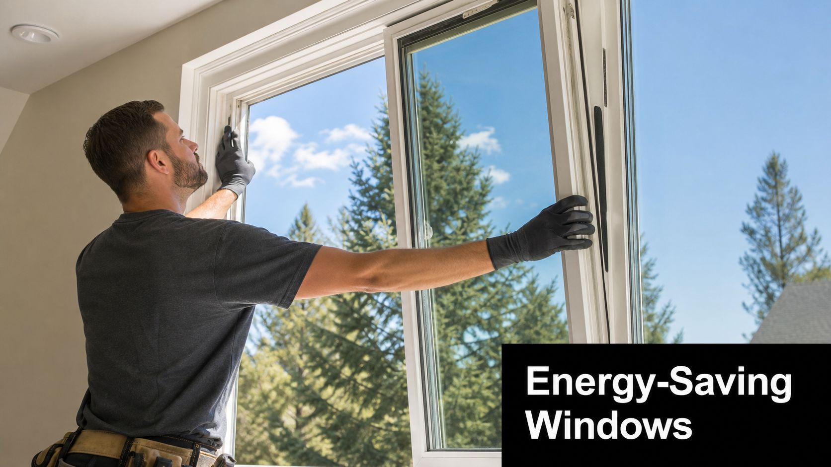 A professional contractor installing energy-saving windows in a residential home with a scenic outdoor view.