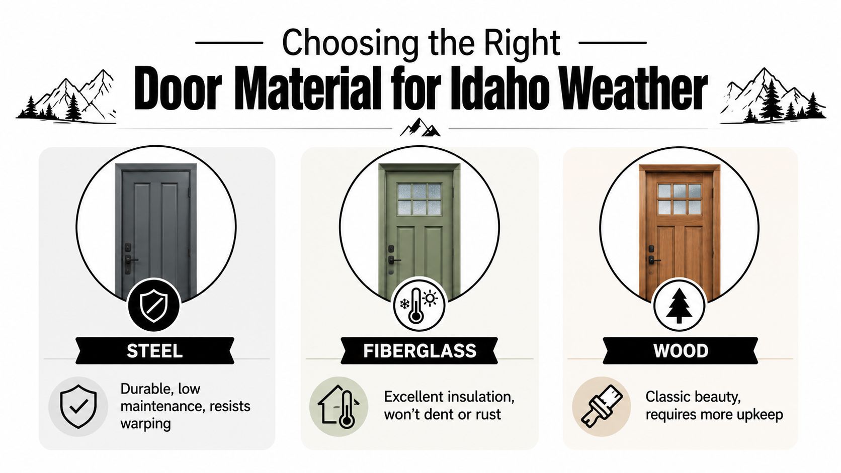 An infographic comparing steel, fiberglass, and wood materials for front doors to withstand Idaho weather conditions.