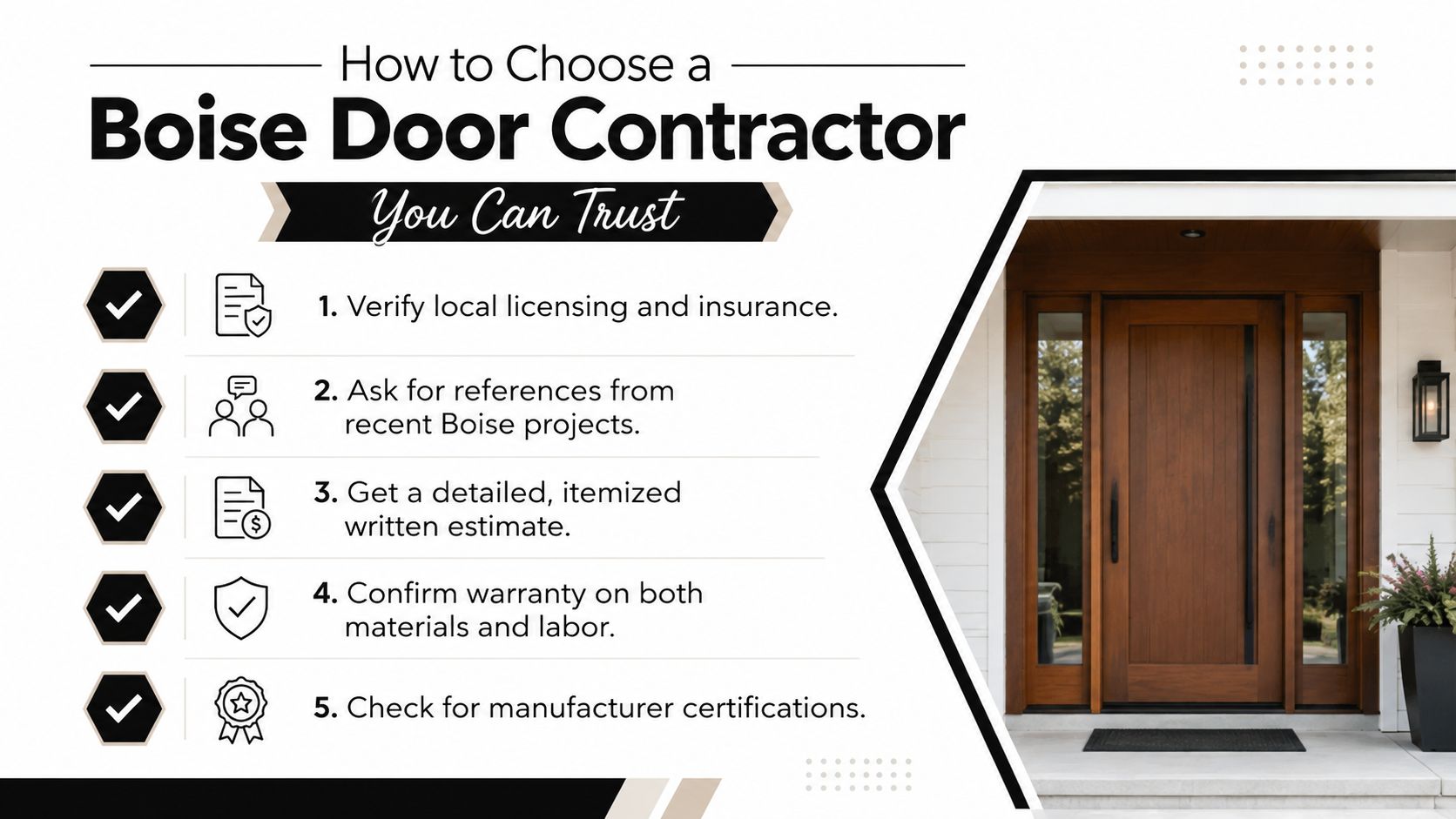A helpful infographic listing five essential steps for hiring a reliable door contractor in Boise, Idaho.