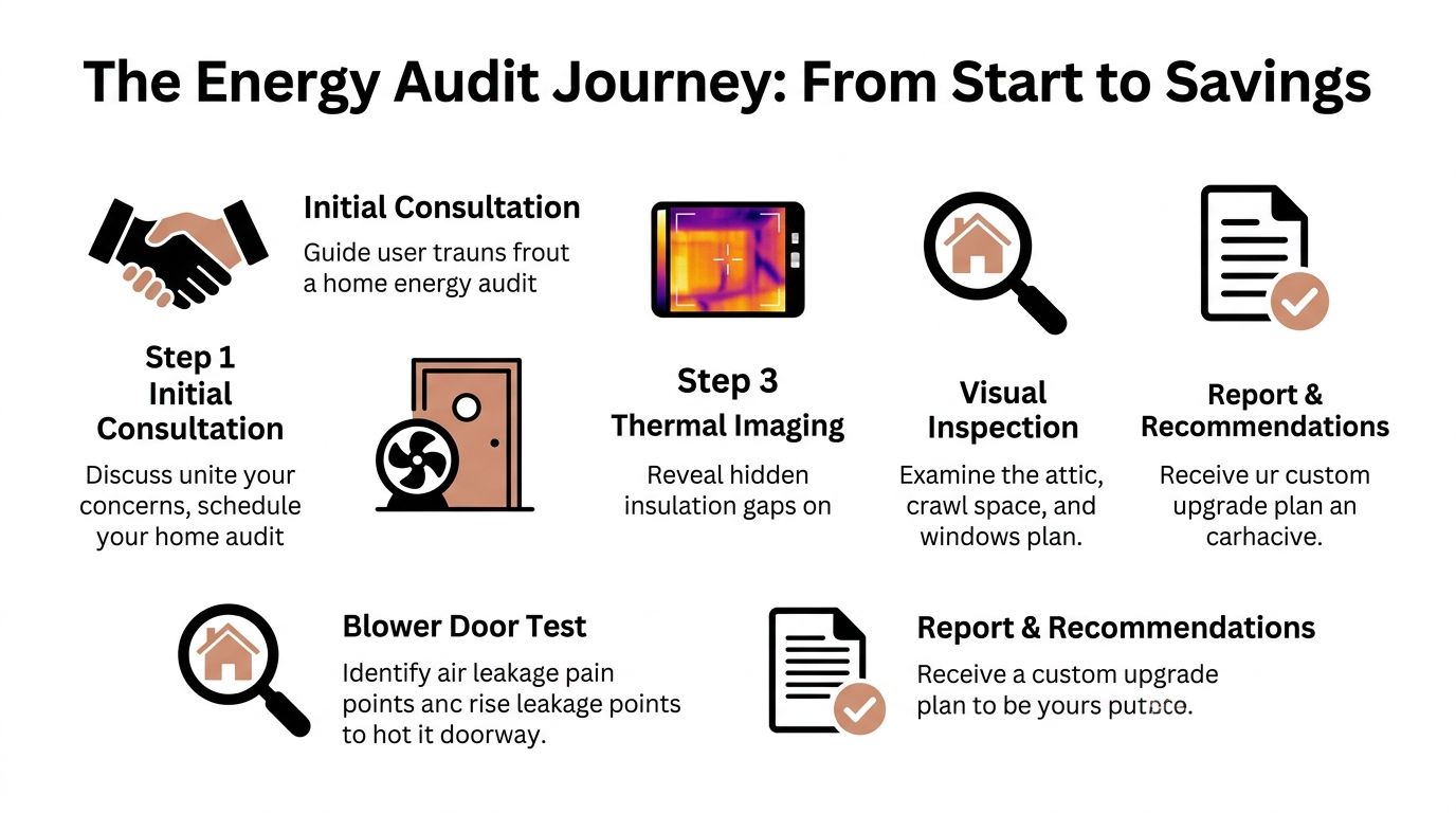 A visual guide outlining the steps of a home energy audit, including inspections, testing, and recommendations.