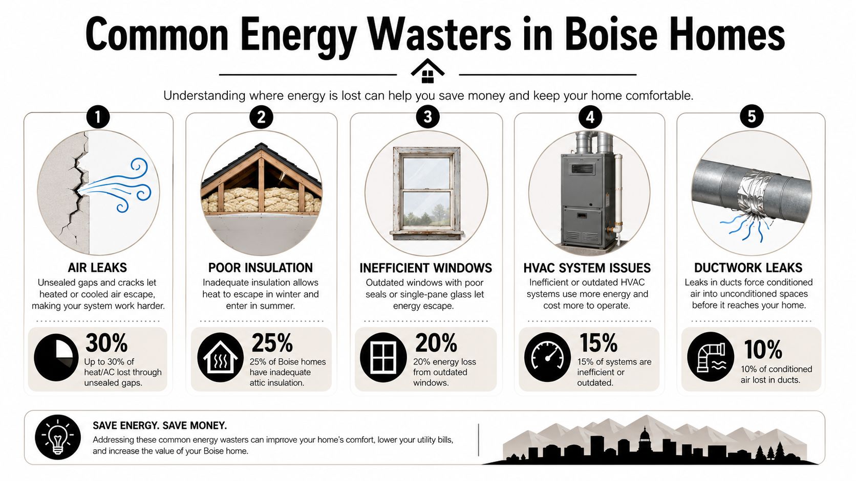 An infographic titled Common Energy Wasters in Boise Homes illustrating five major causes of household energy loss.