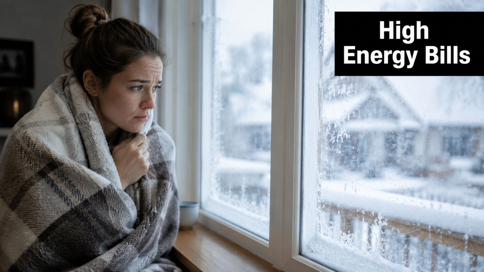 A woman wrapped in a blanket looking concerned at a frosted window during cold winter weather.
