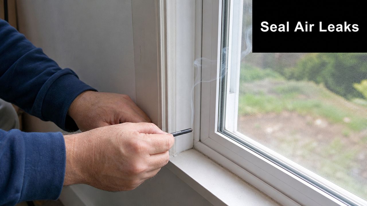 A person using an incense stick to detect air leaks around a residential window frame indoors.