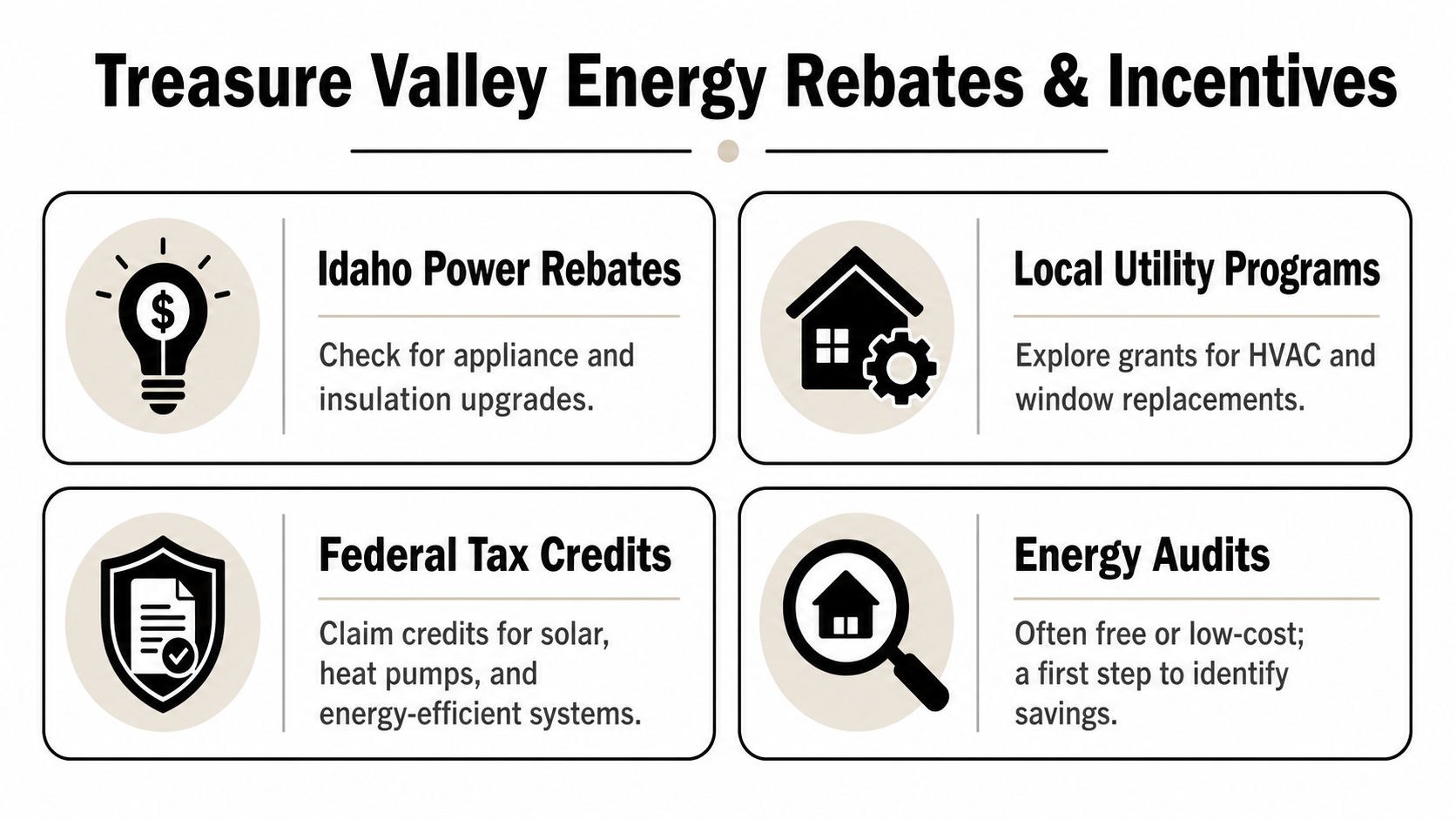 An infographic titled Treasure Valley Energy Rebates and Incentives, detailing rebates, utility programs, tax credits, and energy audits.