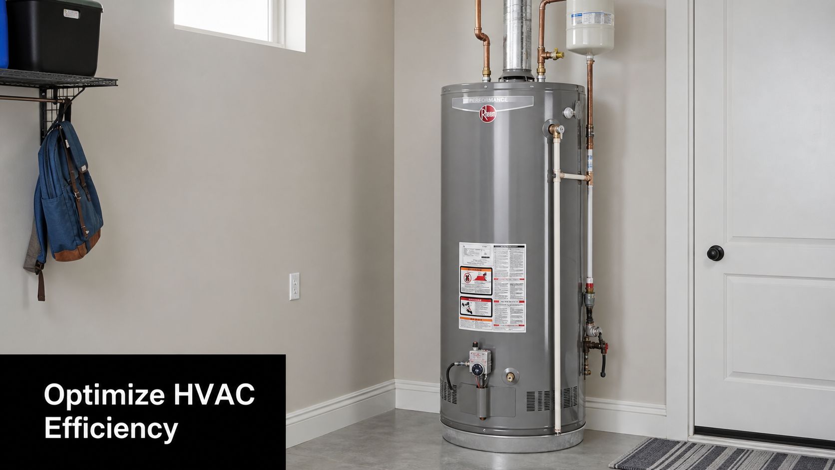 A tall grey residential gas water heater installed in the corner of a room with plumbing connections.