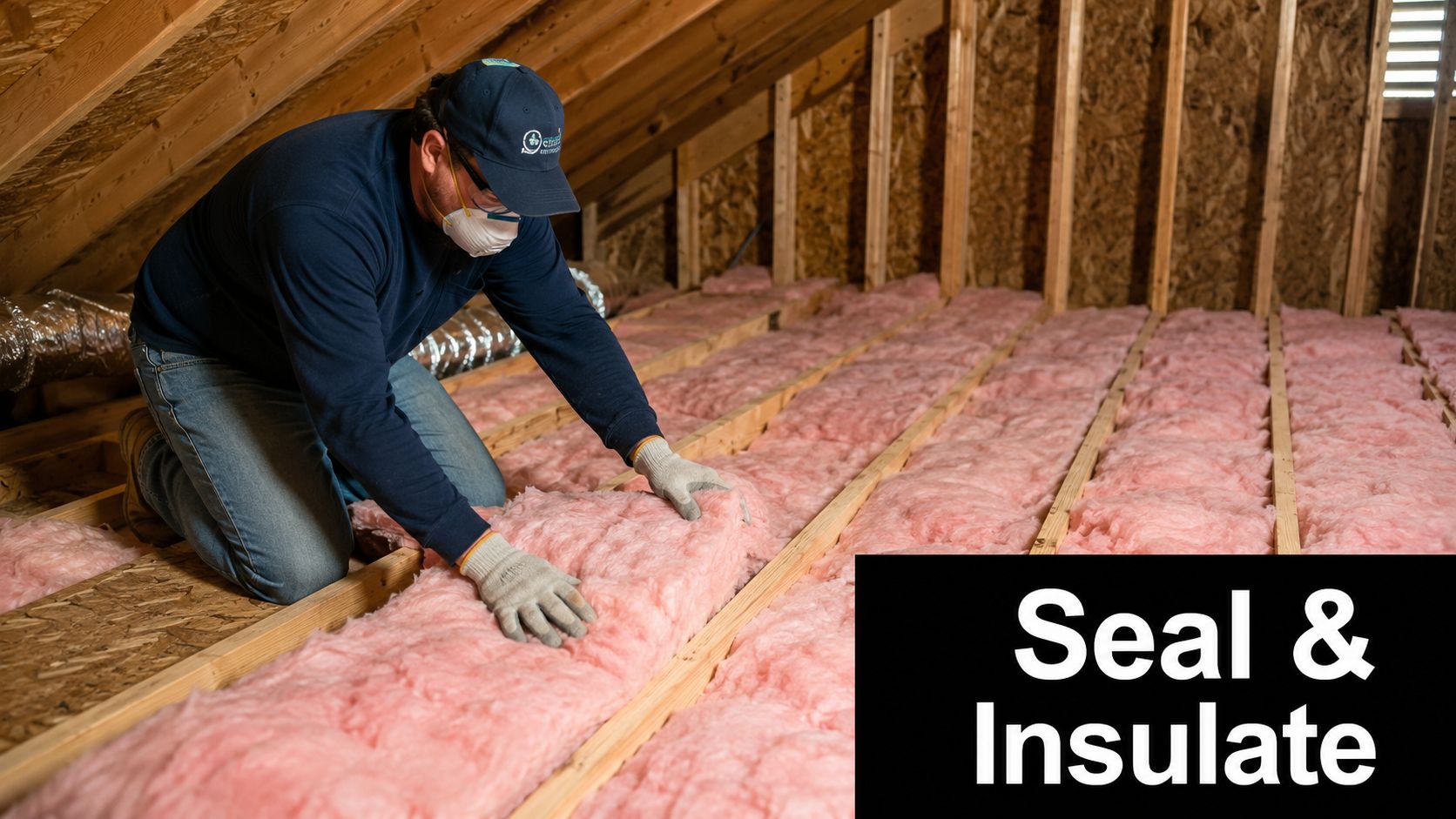 A professional contractor wearing safety gear installing pink fiberglass insulation between wooden attic joists for energy efficiency.