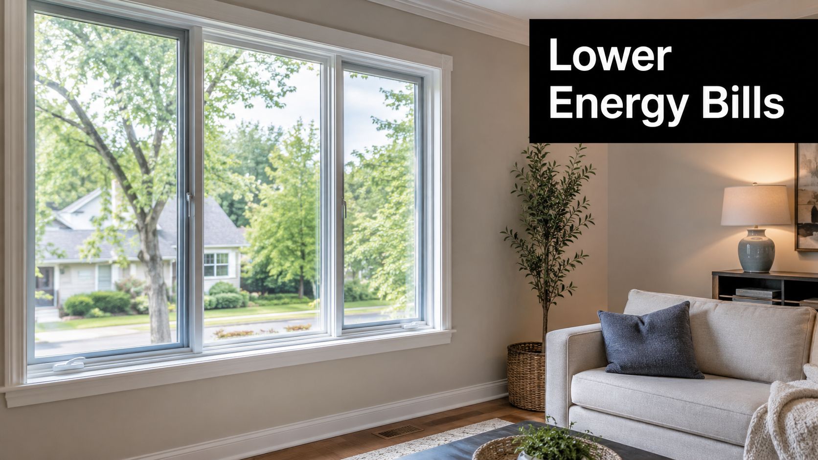 A brightly lit, comfortable living room featuring a large energy-efficient window overlooking a suburban neighborhood street.