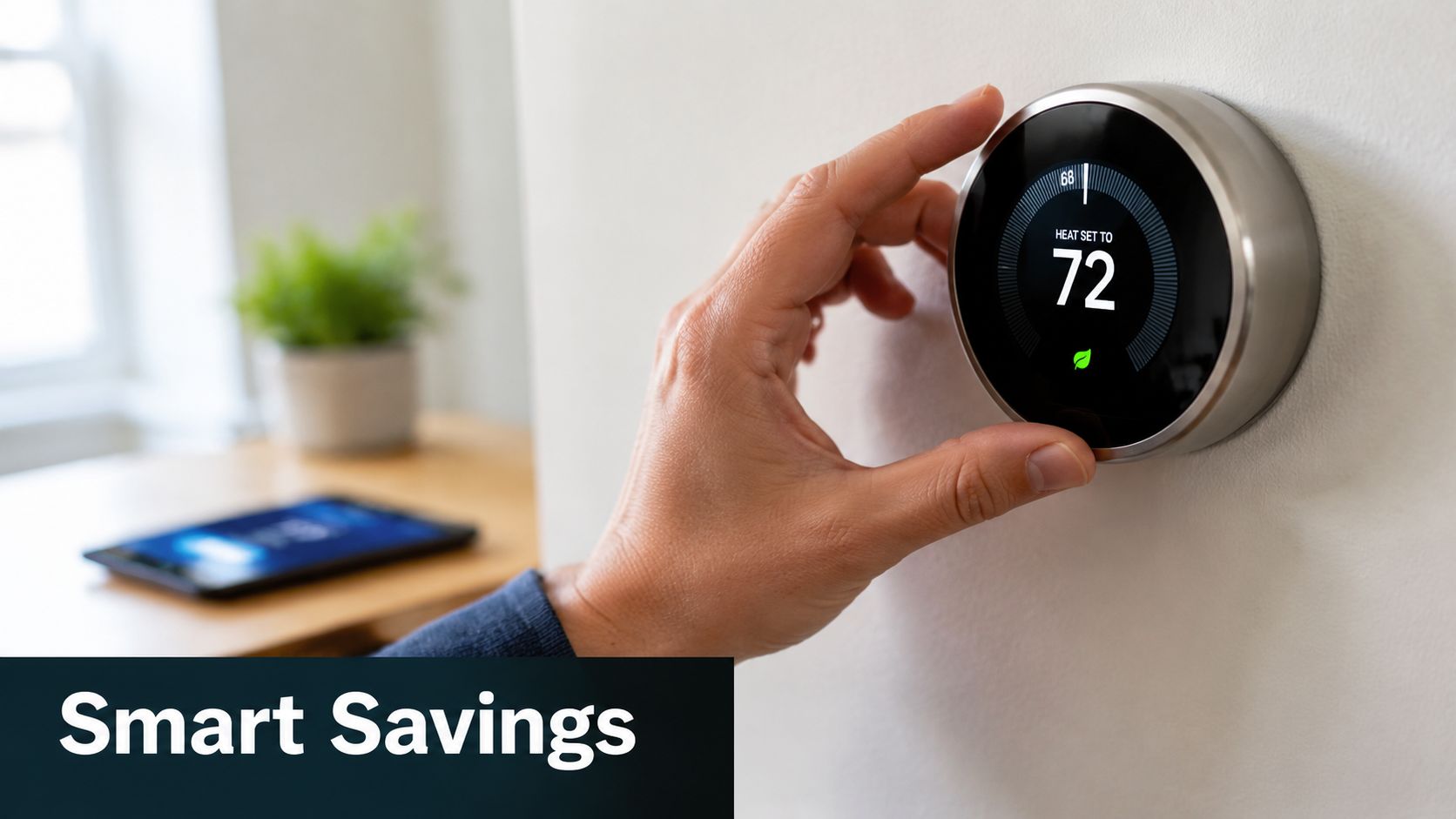 A person adjusting a smart thermostat on a white wall to control home temperature and energy usage.