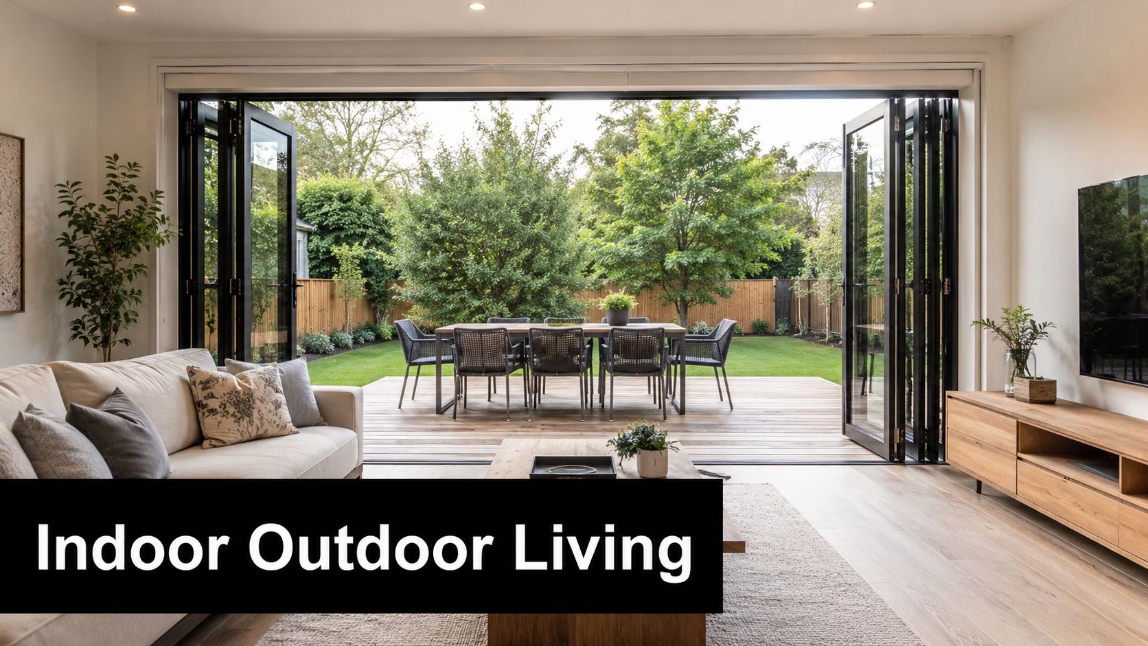 A modern living room seamlessly connected to an outdoor patio deck through large folding glass doors.