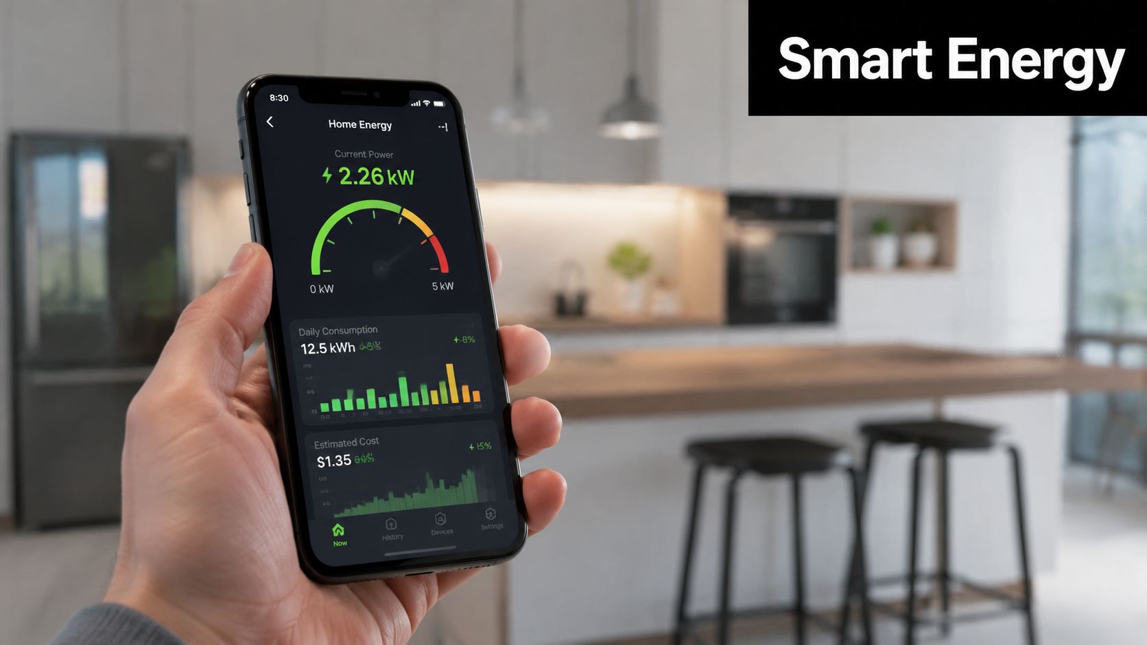 A person holding a smartphone displaying a smart home energy monitoring app in a modern kitchen.