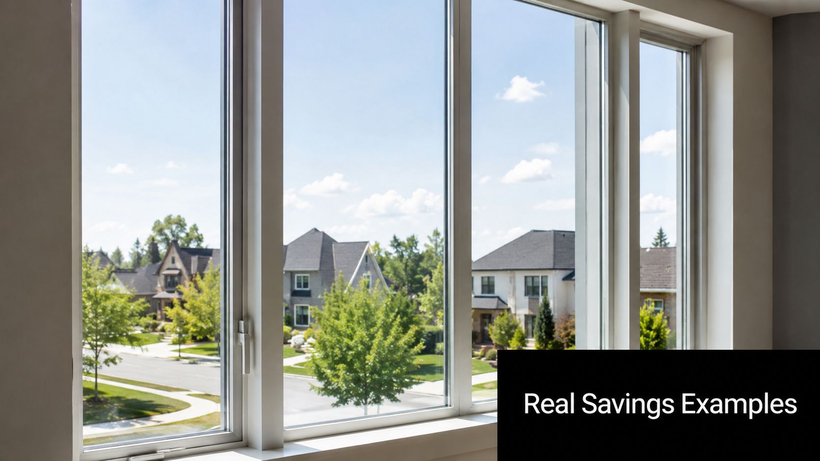 A view through large modern window panes showcasing a quiet suburban neighborhood street with green trees.