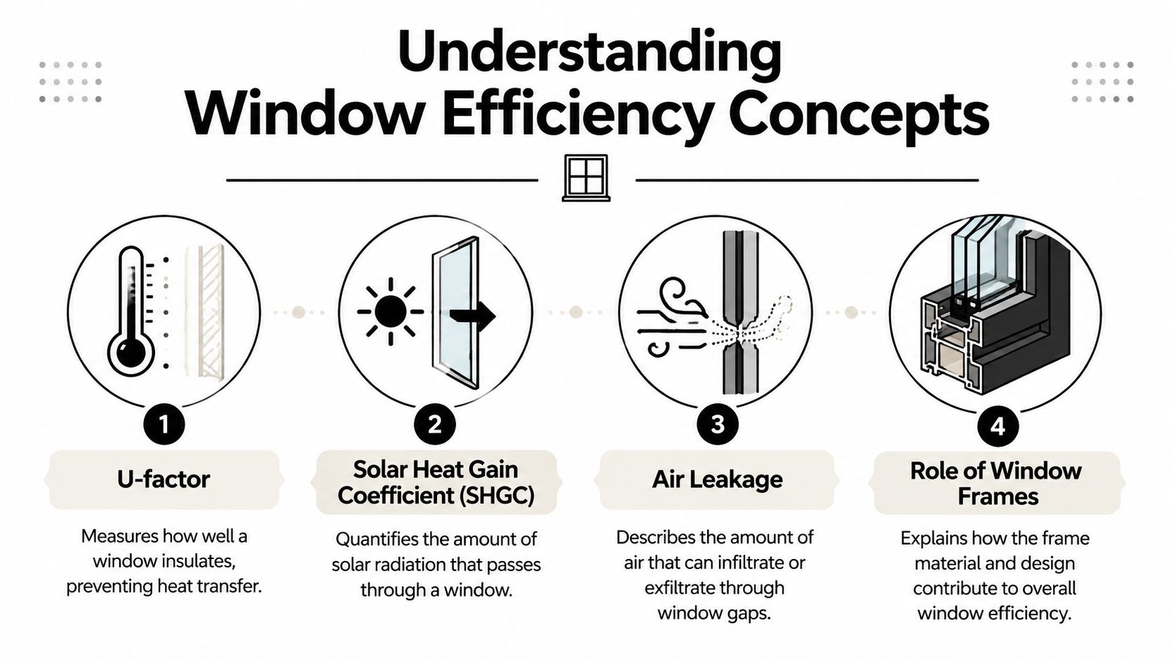 An infographic illustrating four key concepts for understanding window energy efficiency, including U-factor, SHGC, air leakage, and frames.