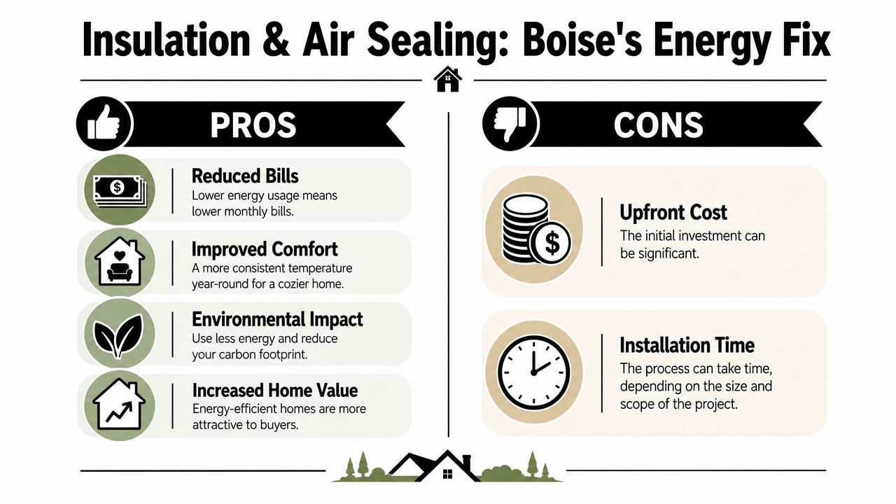 An infographic highlighting the benefits and drawbacks of home insulation and air sealing in Boise, Idaho.