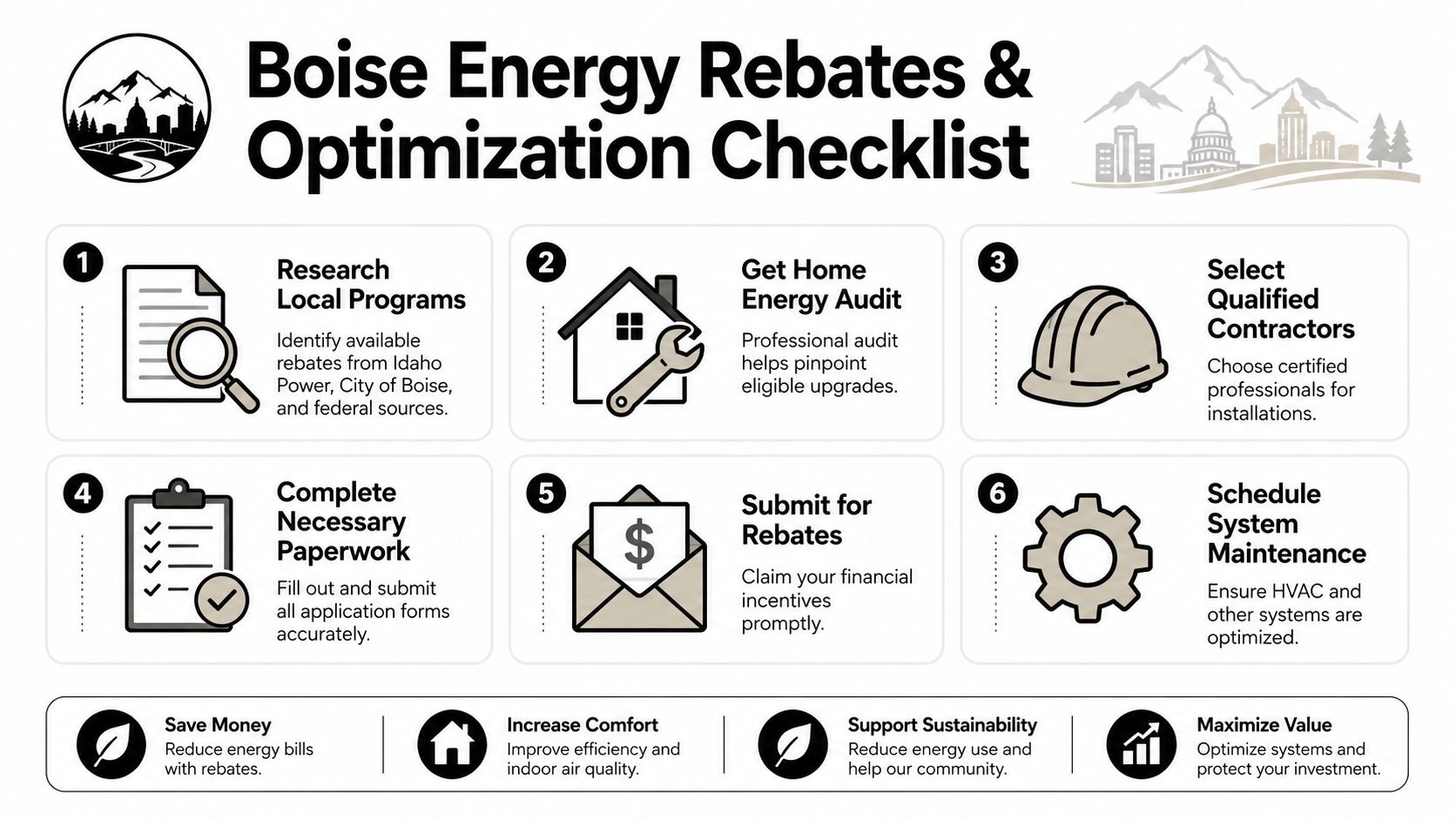 A six-step checklist titled Boise Energy Rebates and Optimization showing how to reduce home energy costs.