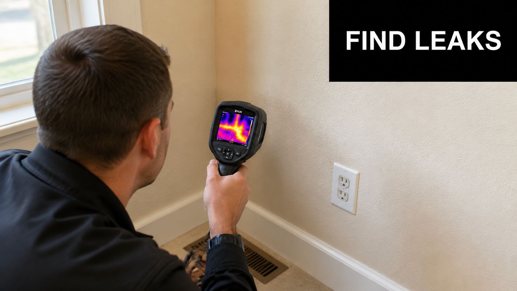 A technician uses a FLIR thermal imaging camera to check a wall for potential energy leaks in a home.