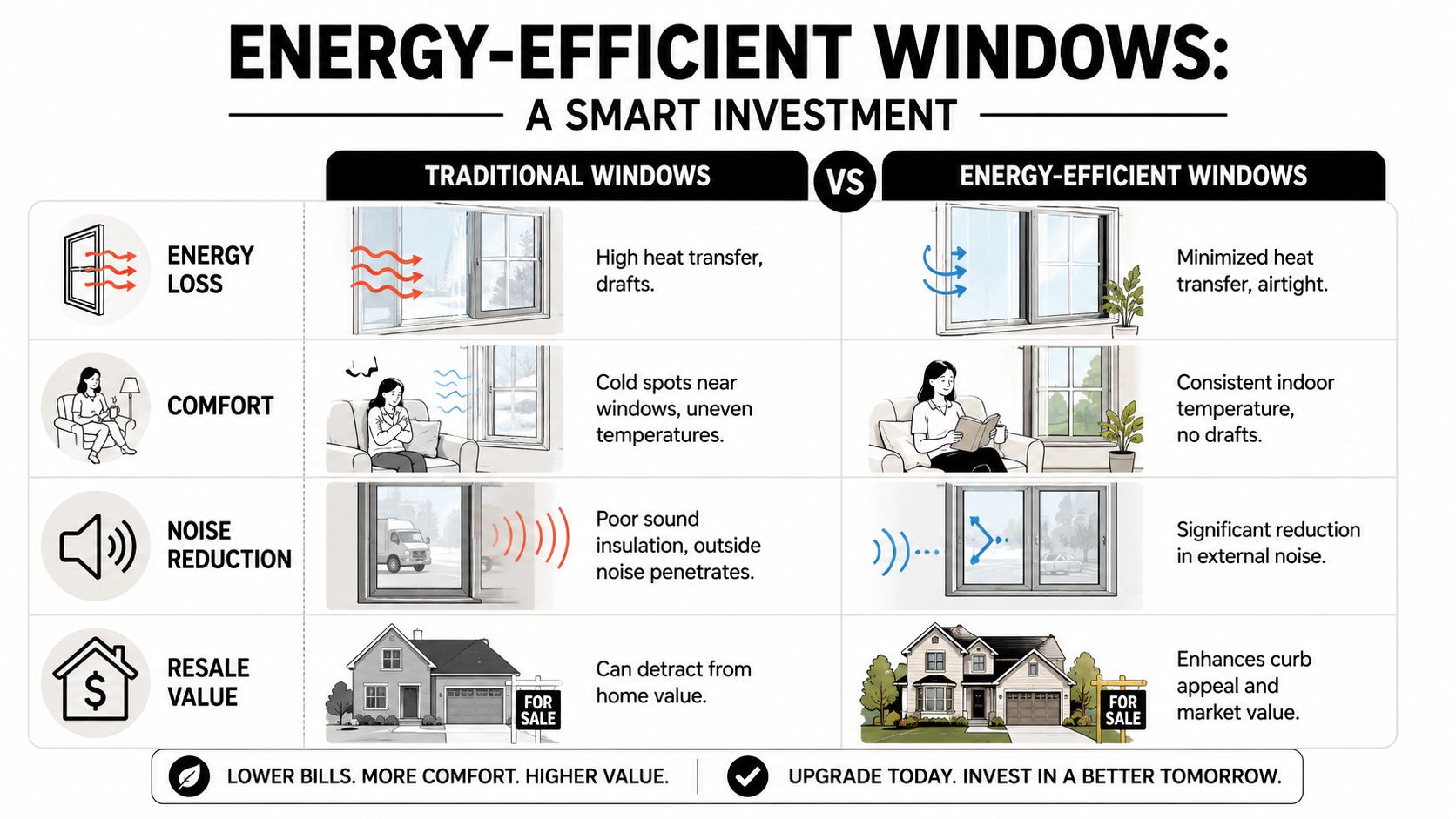 A comparison chart showing benefits of energy-efficient windows versus traditional windows in home comfort and value.
