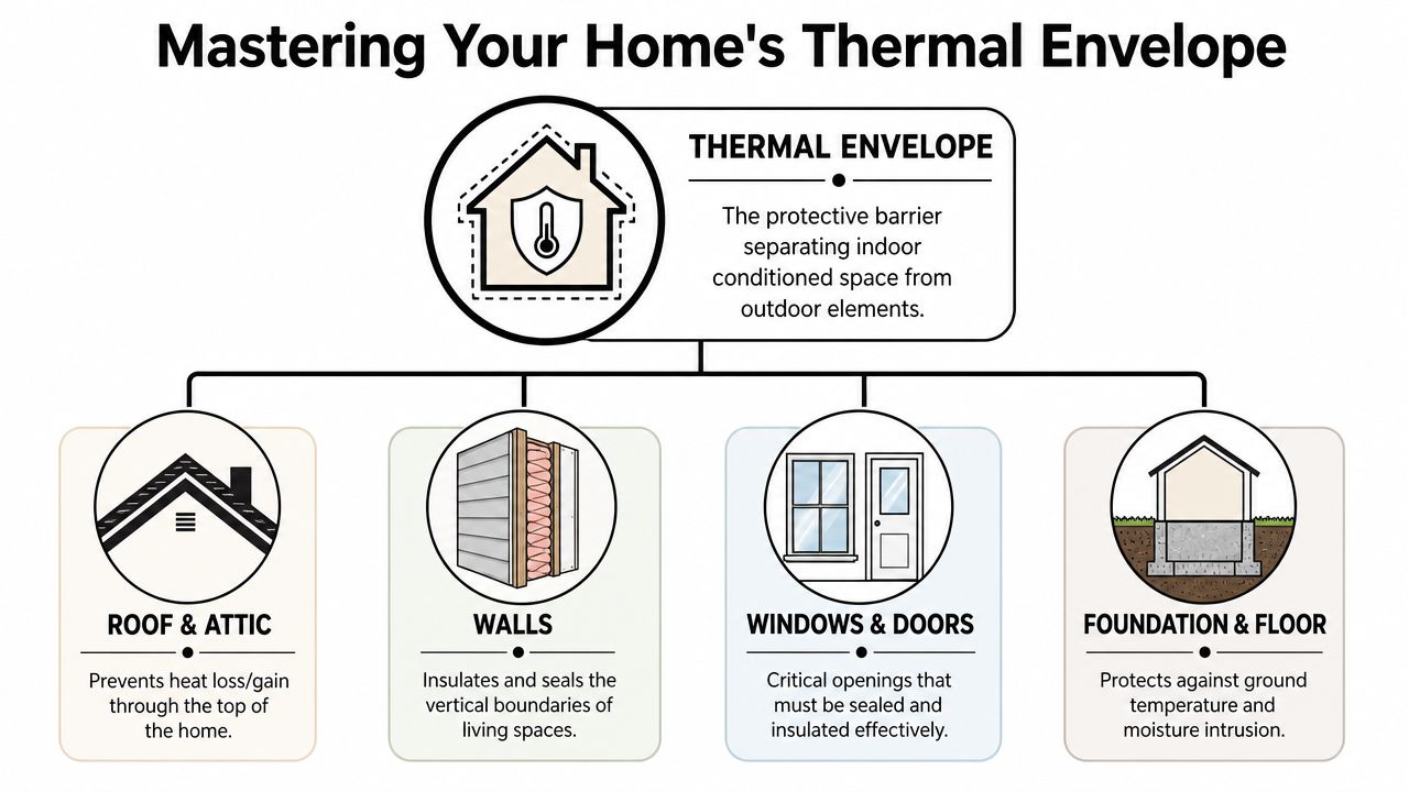 A diagram illustrating the four key components of a home's thermal envelope for energy efficiency.