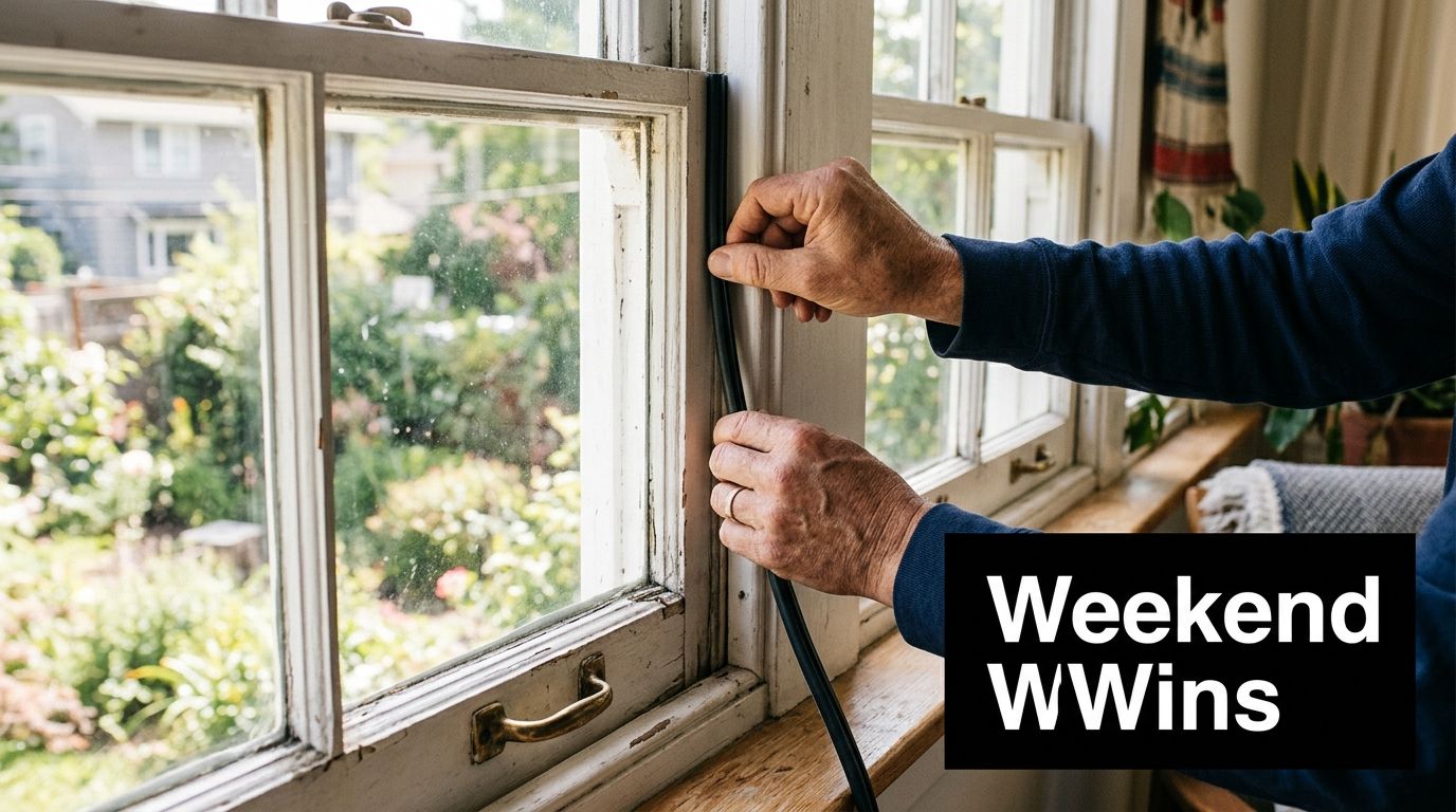 A man installing weather stripping tape on a wooden window frame to improve energy efficiency at home.