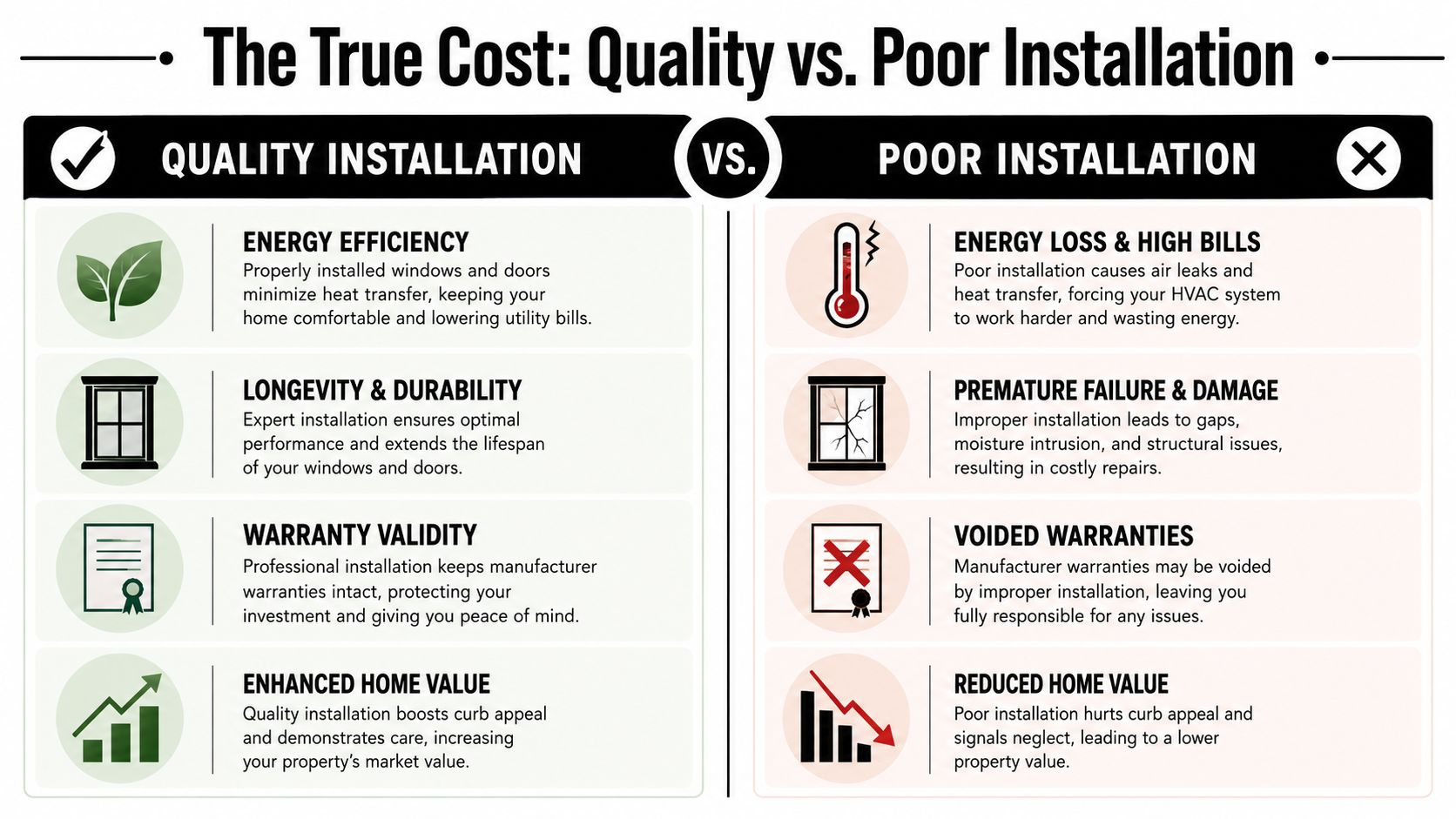 A comparison infographic showing the long-term benefits of quality window installation versus the risks of poor installation.