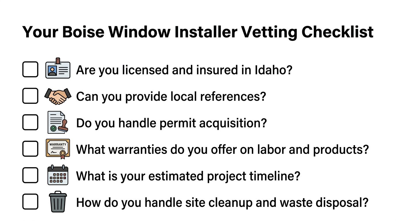 A checklist for vetting window installers in Boise, Idaho, featuring six important questions to ask professionals.