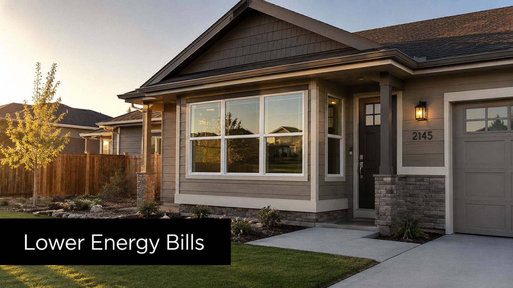 A modern suburban house exterior at sunset featuring high-quality windows designed for improved energy efficiency.