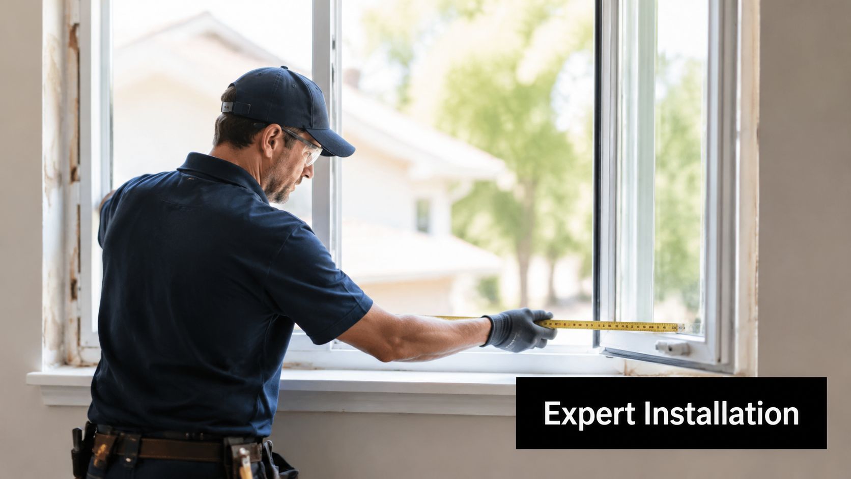 A professional technician carefully measuring a window frame for a precision replacement installation service.
