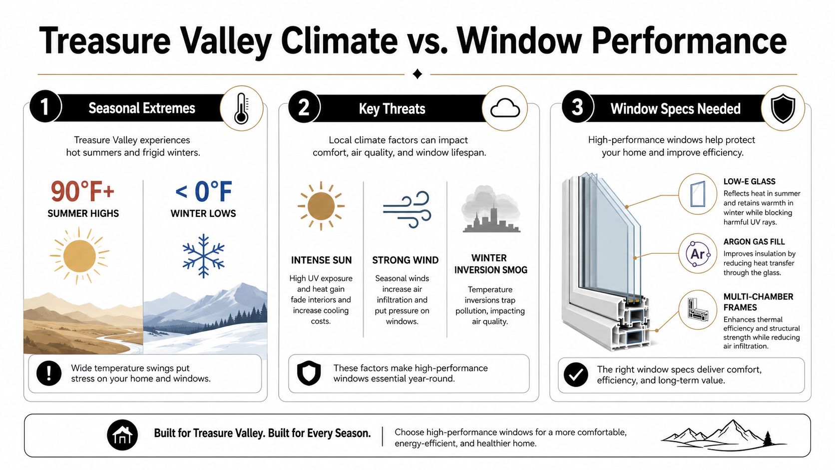 An infographic detailing how Treasure Valley's climate extremes require high-performance energy-efficient replacement windows for home protection.